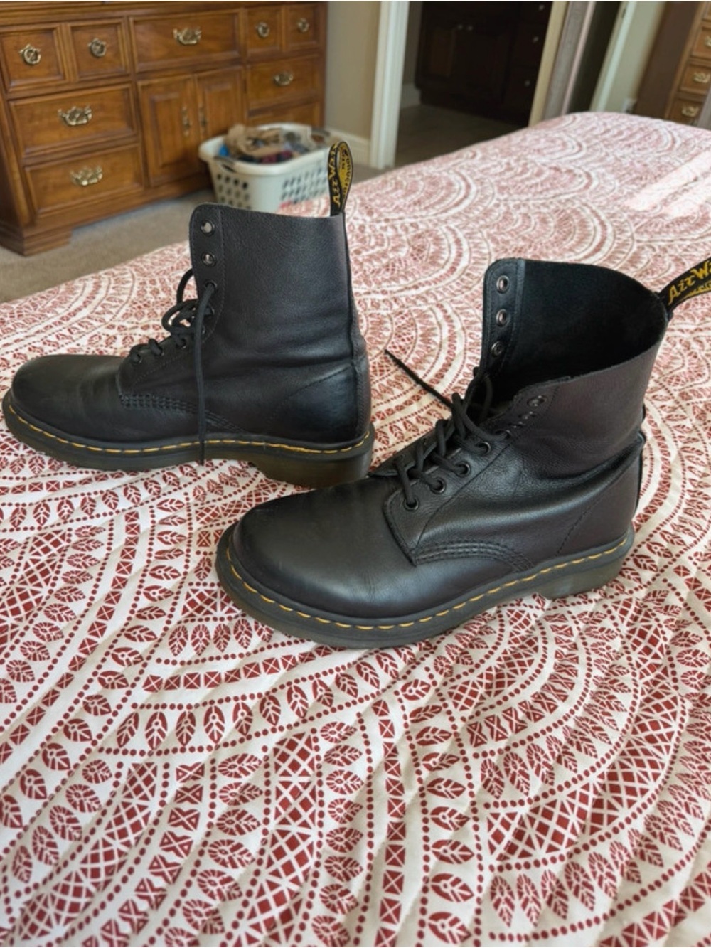 Dr. Martens Pascal Black Leather Lace-Up Combat Boots with Yellow Stitching - Picture 2 of 7